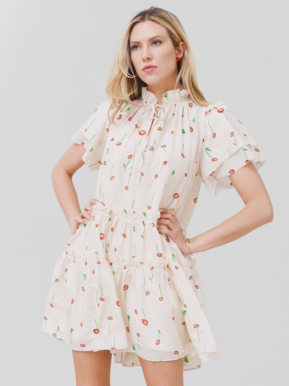 Hunter Bell Merritt Dress Floral Short Flutter sleeve tiered - Picture 2 of 6